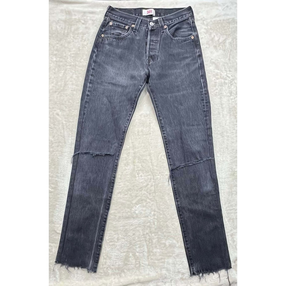 Levis 501XX Original Straight Leg Jeans Faded Black Distressed Knee Slit W28 L34